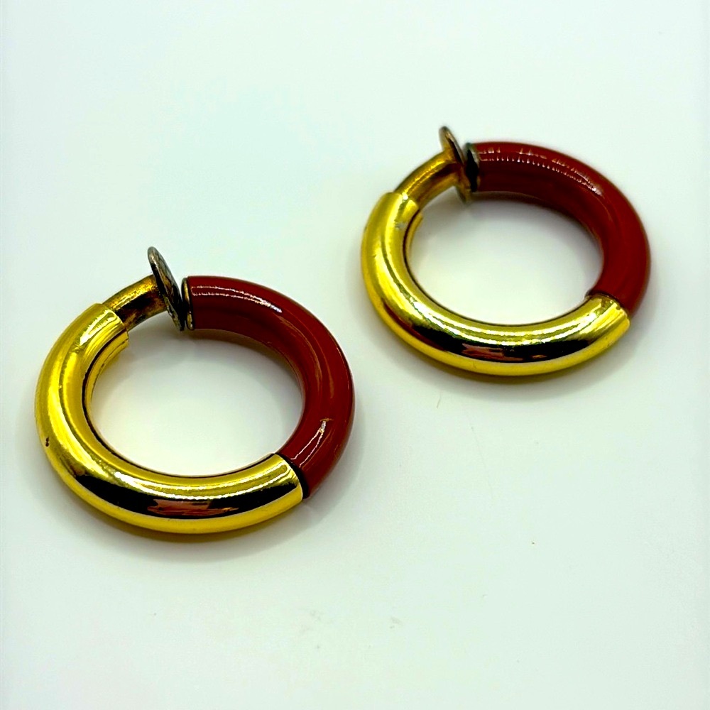 Vintage 80’s Gold and Brown Hoop Earrings Clip On